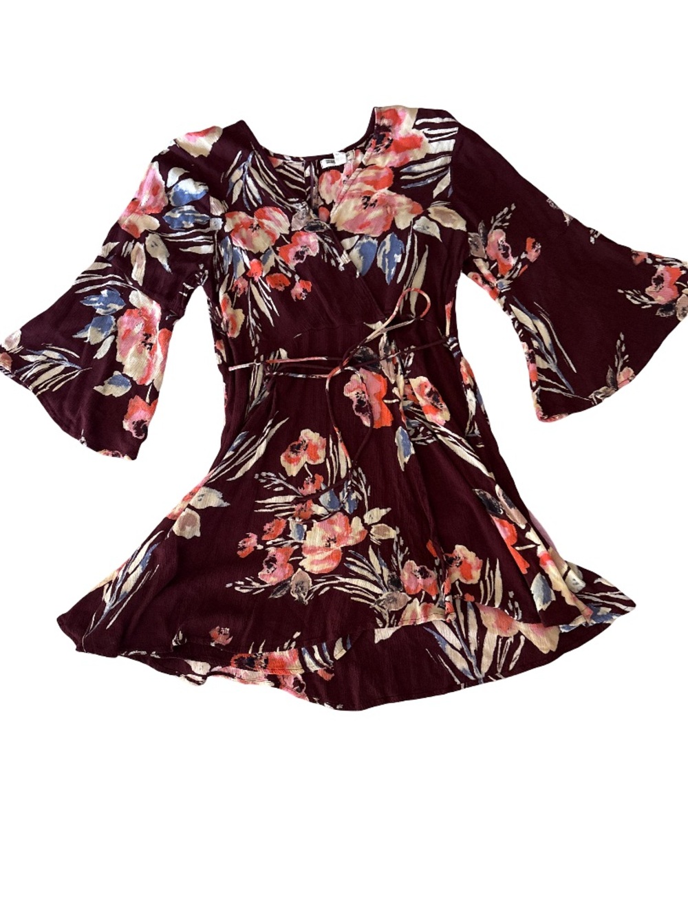Billabong Burgundy Floral Bell-Sleeve Dress